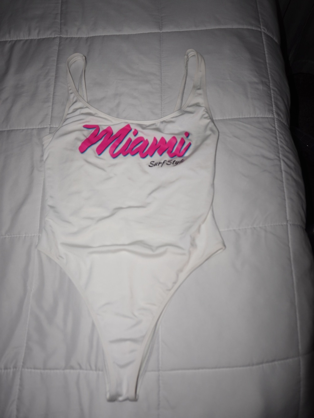 Miami Swim White One-Piece with Pink Script Logo
